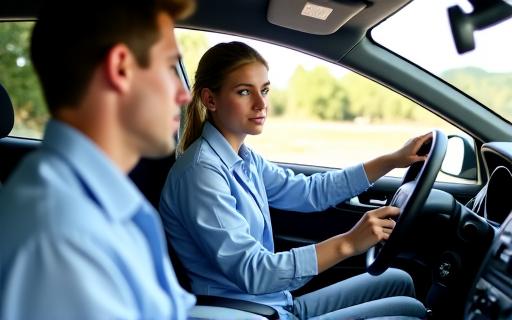 Een instructeur legt iets uit in een rijschoolauto (handgeschakeld)