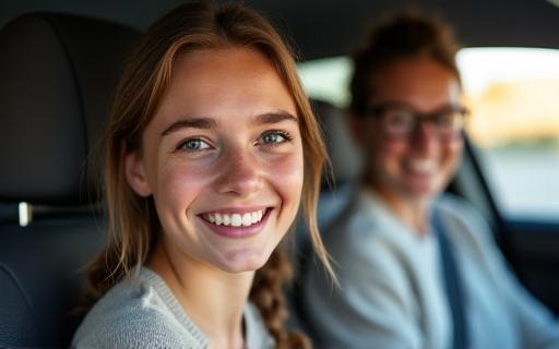 Een opgeluchte leerling na een succesvolle rijles, met instructeur